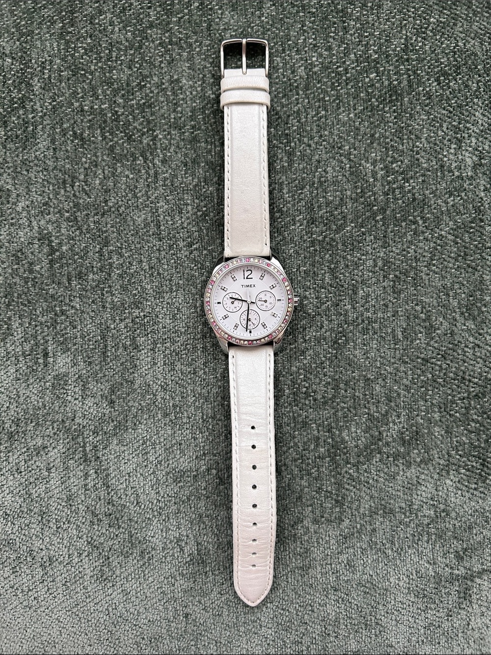 Timex White Leather Strap Crystal Bezel Chronograph Watch